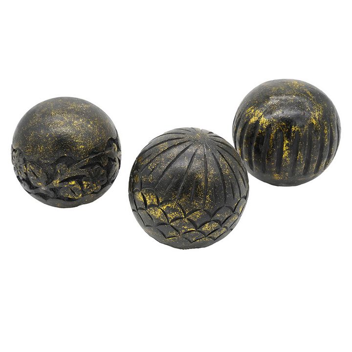 Set of 3 Decorative Tabletop Round Balls, Carved Mango Wood, Black, Yellow - Benzara