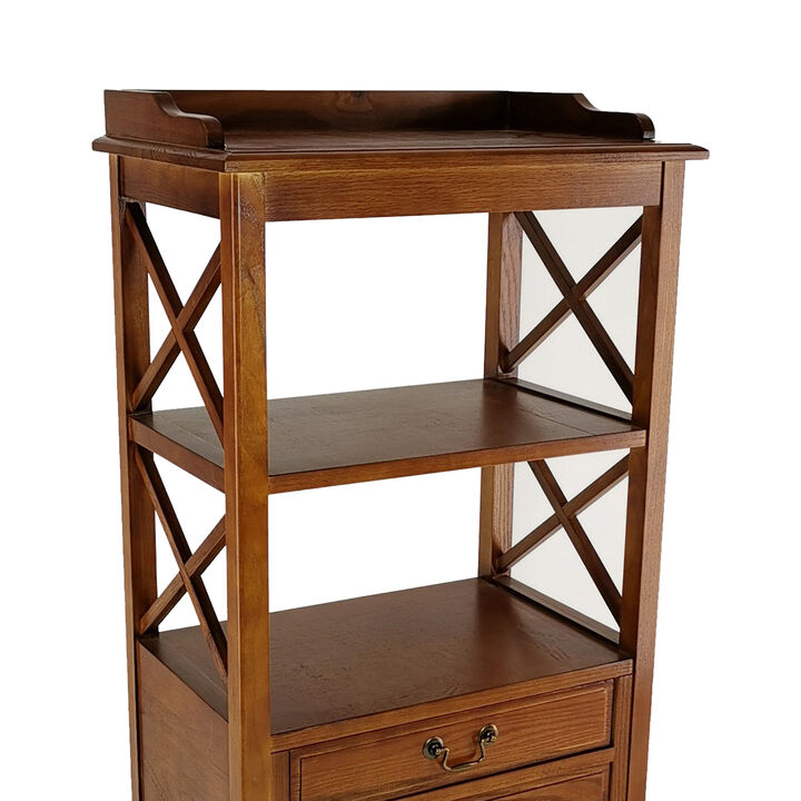 X Frame Wooden Rack with 2 Drawers and Open Shelf, Brown-Benzara