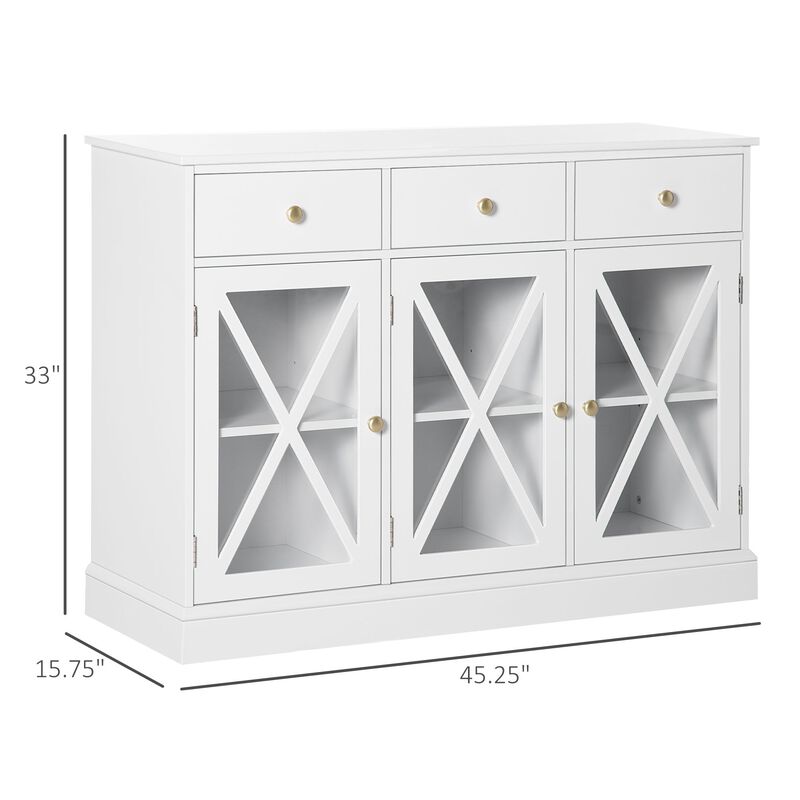 White Farmhouse Buffet: Modern Sideboard with Bronze Handle, Glass Barn Door, 3 Drawers