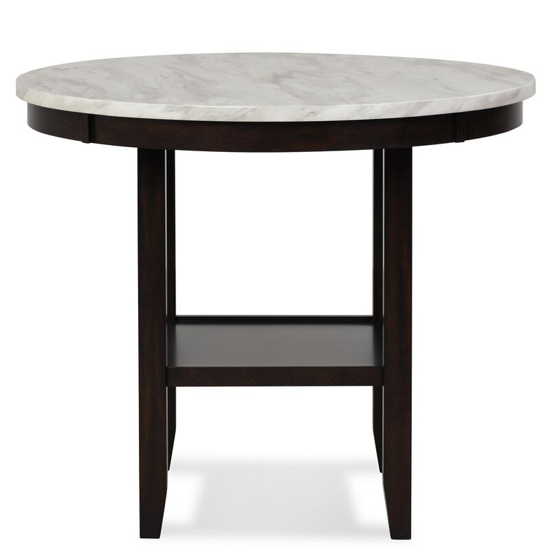 Kate 42 Inch Round Counter Table, Faux Marble Top, White, Espresso-Benzara