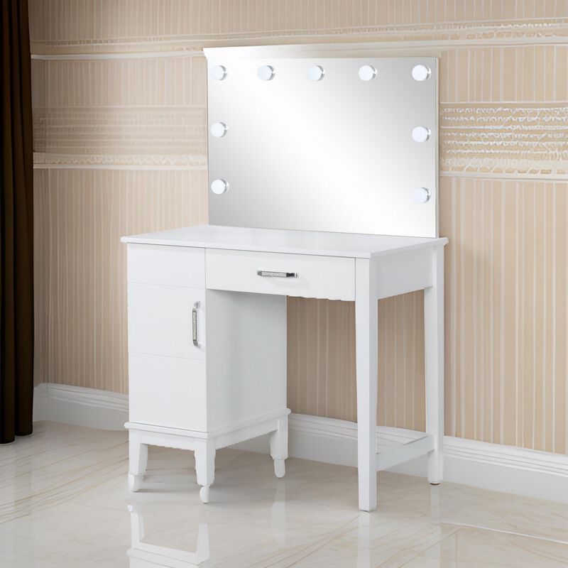 Vanity Set with 9 LED Bulbs and Tapered Block Legs, White-Benzara