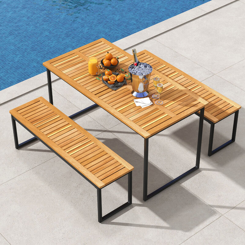 Dining Table for 6 People with Slatted Tabletop and Umbrella Hole for Outdoor Patio or Garden