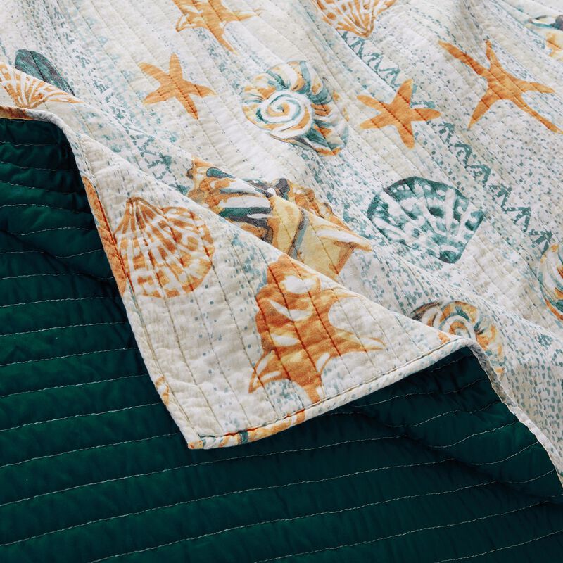Carie 3pc Full/Queen Quilt Set, Coastal Seashells, Blue Cotton Microfiber