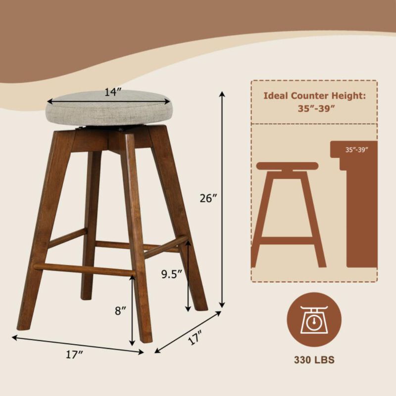 Hivvago 2 Pieces 26 Inch Backless Swivel Barstools with Linen Fabric Seat-Beige