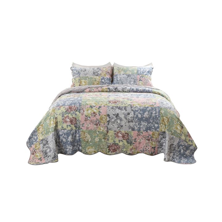 Eni 3 Piece Queen Cotton Quilt Set, Vibrant Pastel Blue Flowers, Scalloped - Benzara
