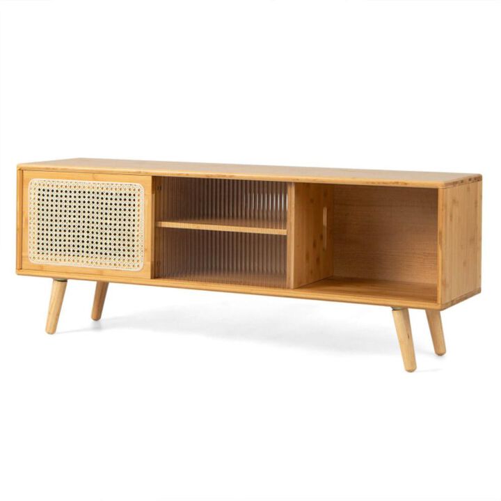 Hivvago Modern TV Stand with Rattan Glass Sliding Doors]
