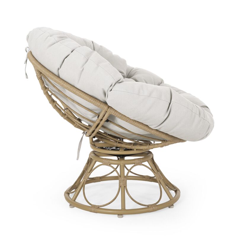 Leos Swivel Outdoor Chair, Soft Gray Polyester Cushion, Brown Rattan -Benzara