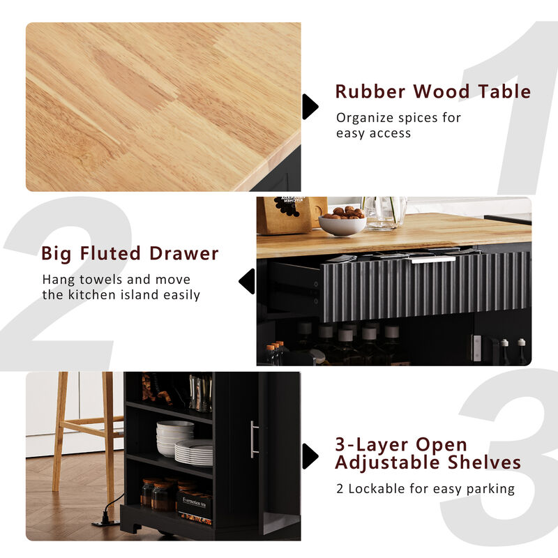 Merax Fluted Kitchen Island with Trash Can Storage Cabinet