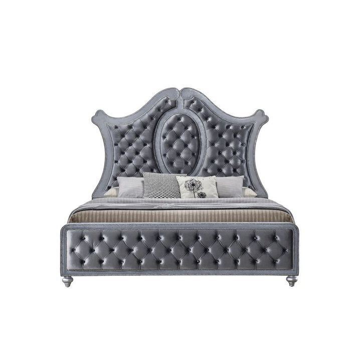 Rall Queen Size Bed, Curved Wood Headboard, Tufted Gray Fabric Upholstery - Benzara