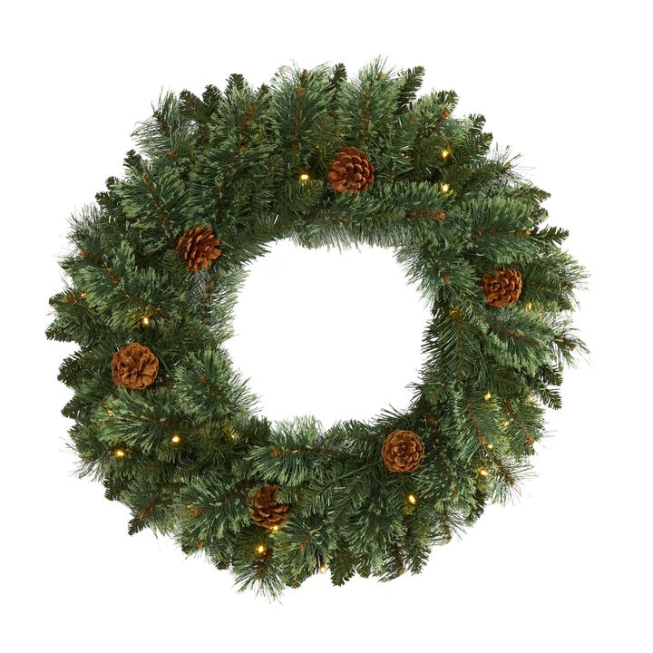 Hivvago 24" White Mountain Pine Artificial Christmas Wreath with 35 LED Lights and Pinecones