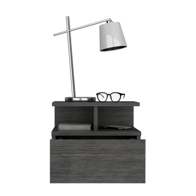 Adele Floating Nightstand with Drawer and Open Storage Shelves- Smokey Oak