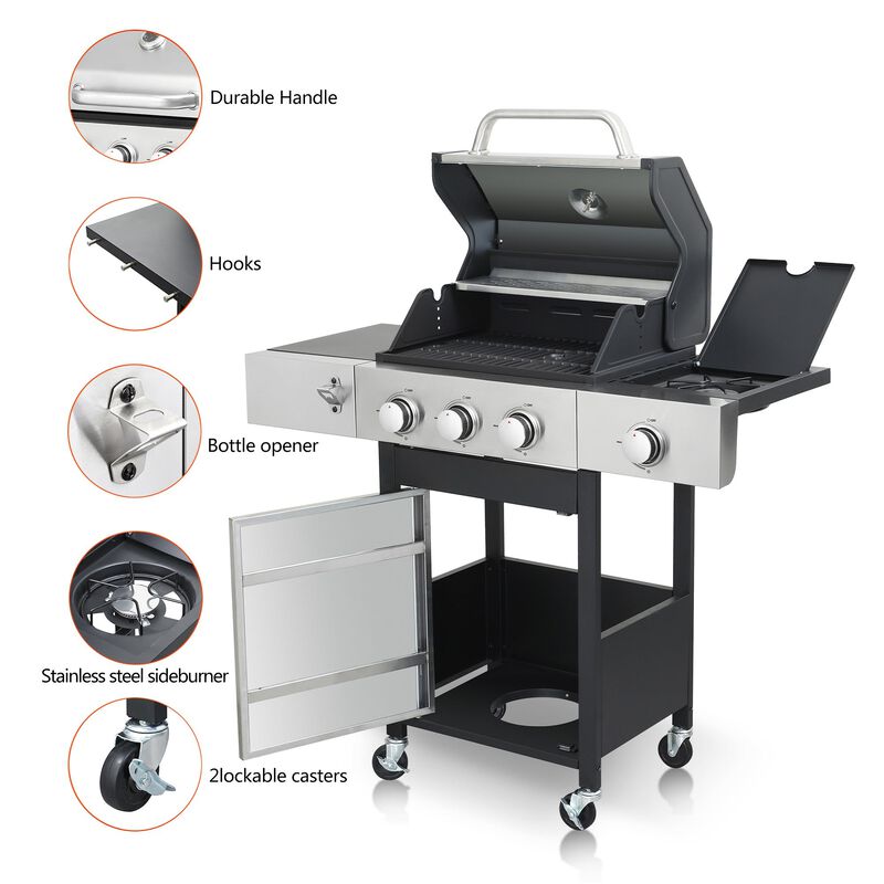 MONDAWE 3-Burner Propane Gas BBQ Grill with Side Burner, 37230BTU Output With Enameled Cast Iron Cooking Grids For Outdoor Barbecue, Stainless Steel
