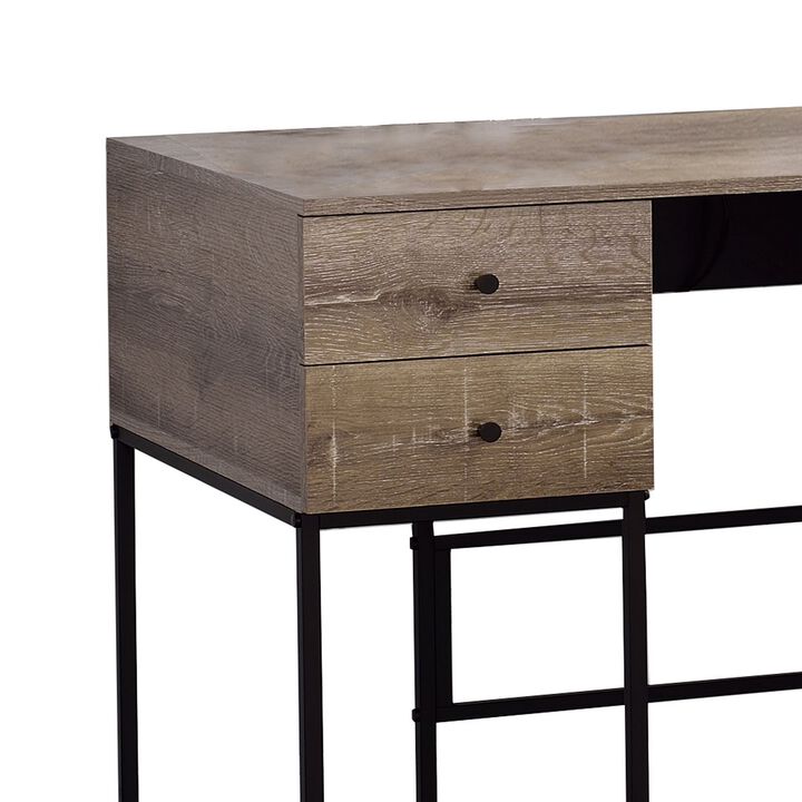 Wooden Desk with 4 Drawers and Tubular Metal Support, Brown and Black-Benzara