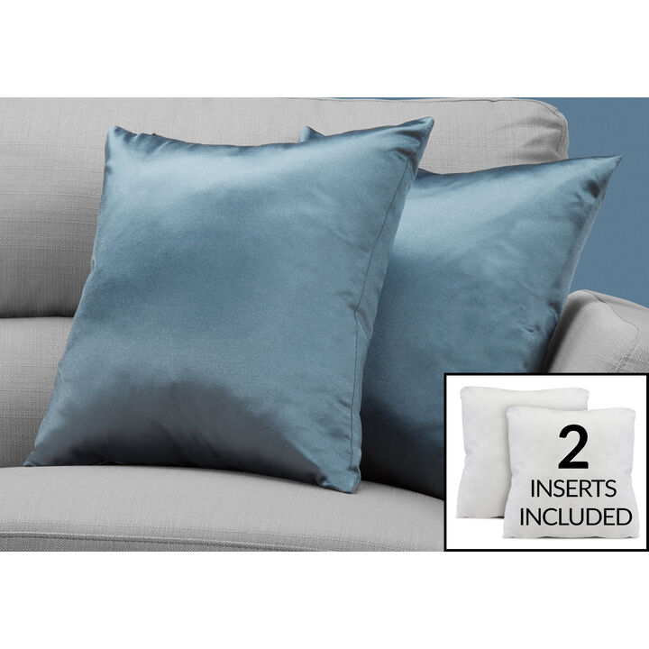 Monarch Specialties I 9343 Pillows, Set Of 2, 18 X 18 Square, Insert Included, Decorative Throw, Accent, Sofa, Couch, Bedroom, Polyester, Hypoallergenic, Blue, Modern