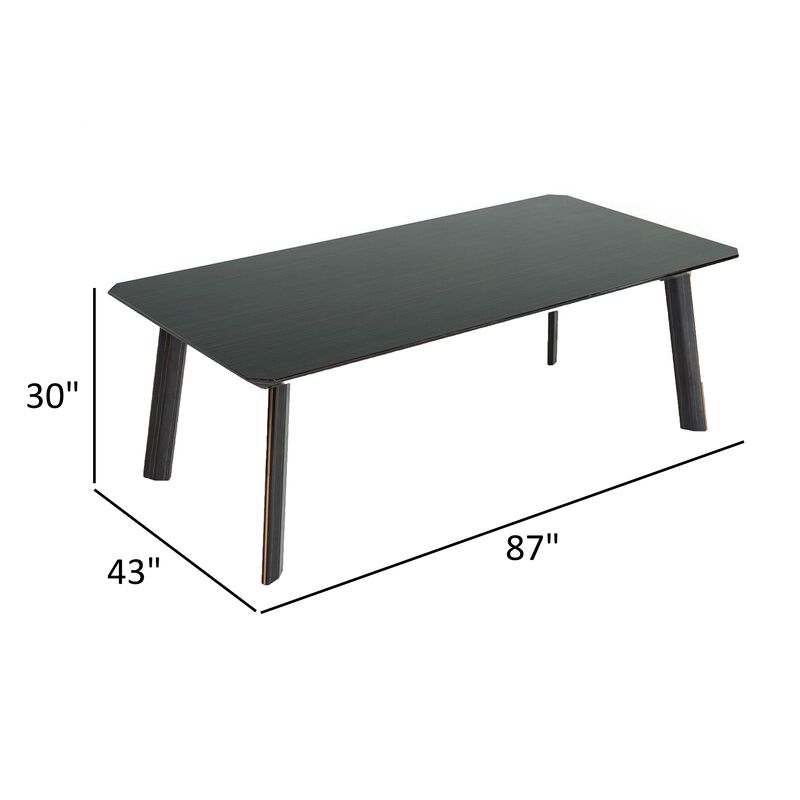 Chad 87 Inch Dining Table, Rectangular, Rose Gold Steel Edge, Black Wood - Benzara