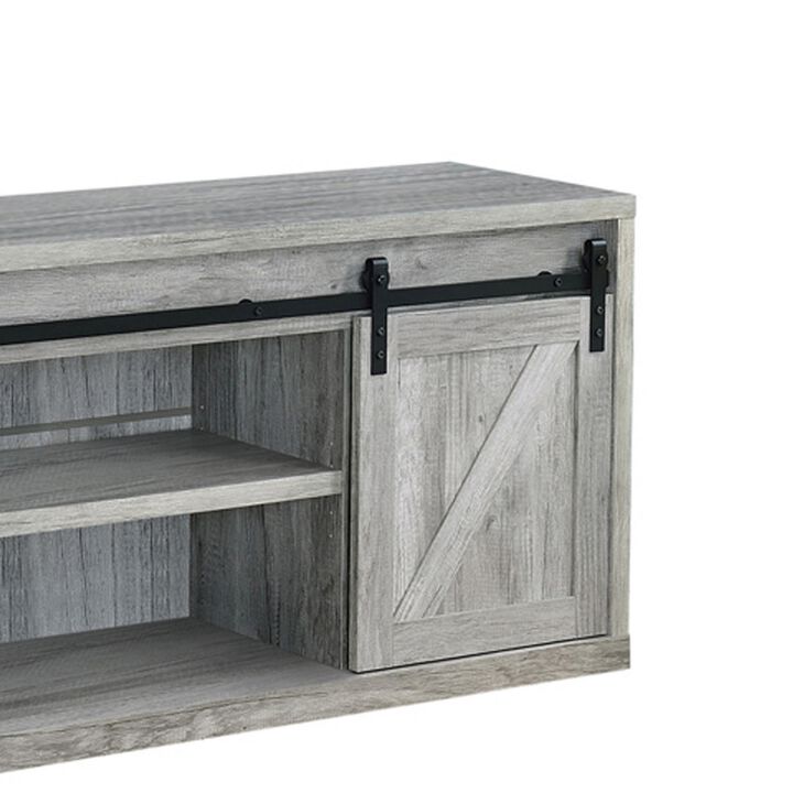 71 Inch Farmhouse Wooden TV Console With 2 Sliding Barn Doors, Gray-Benzara