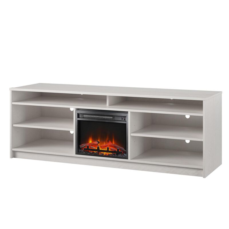 REALROOMS Hickory Hill 75" TV Stand with Electric Fireplace Space Heater and 6 Shelves
