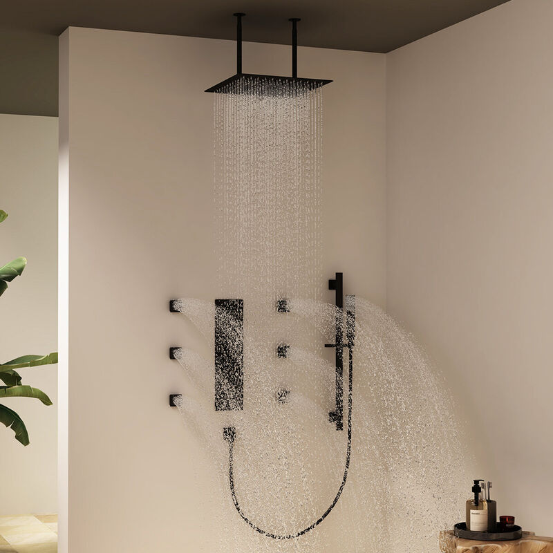 Mondawe 3 Functions 4 Sprays 16 Inch Ultra Thin Luxury Thermostatic Shower System with Slide Bar and 6 Body jets in Matte Black (Rough-in Valve Included)
