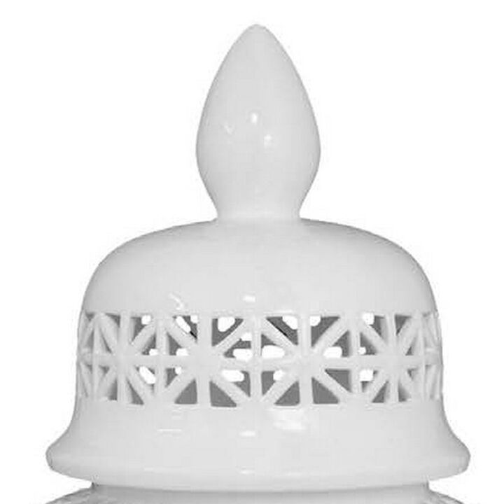 Paul 34 Inch Pierced Temple Jar with Lid, Intricate Pattern Ceramic, White - Benzara