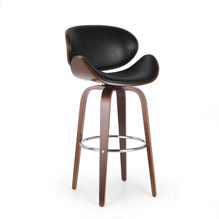 Zaine Swivel Barstool Chair, Walnut Veneer, Black Faux Leather - Benzara