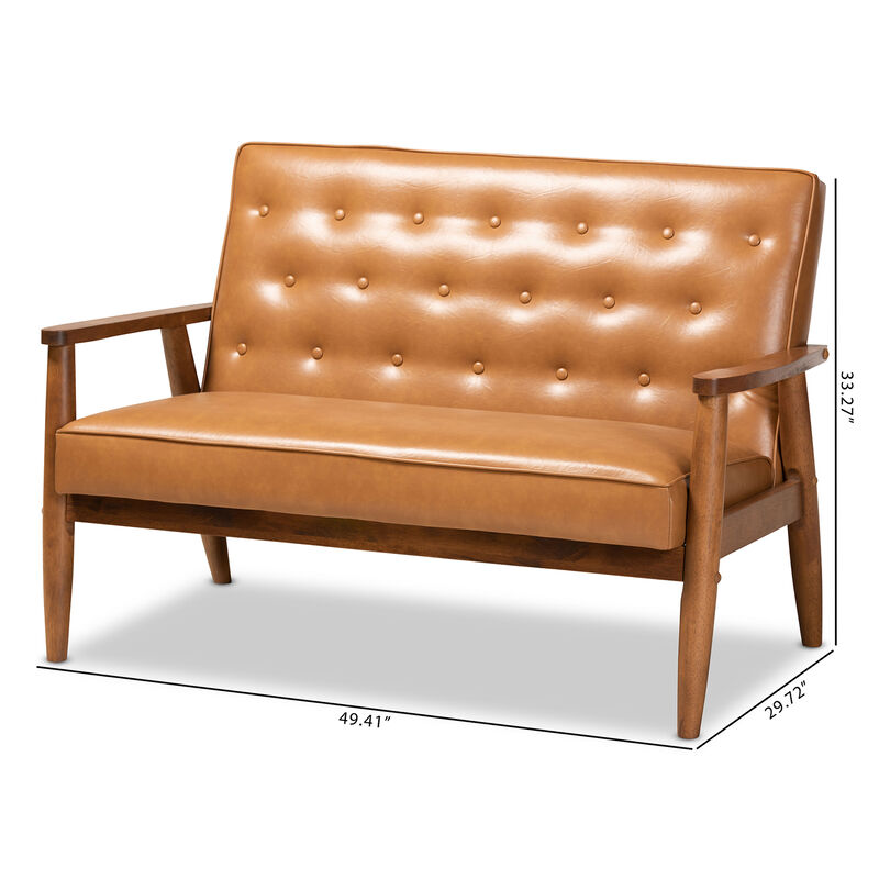 Baxton Studio Sorrento Mid Century Tan Faux Leather Upholstered Wood Loveseat