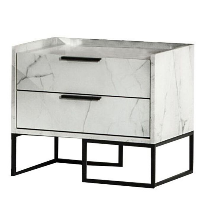 Noe Paul 24 Inch Wood Nightstand, 2 Drawers, Faux White Marble, Metal Legs-Benzara