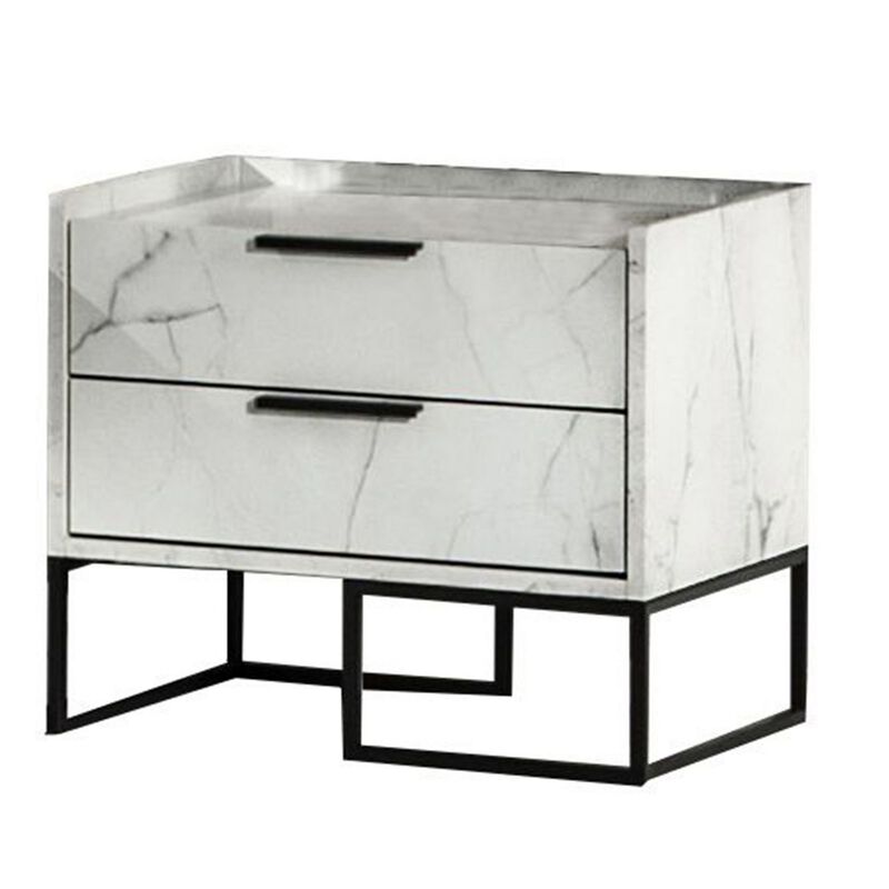 Noe Paul 24 Inch Wood Nightstand, 2 Drawers, Faux White Marble, Metal Legs-Benzara