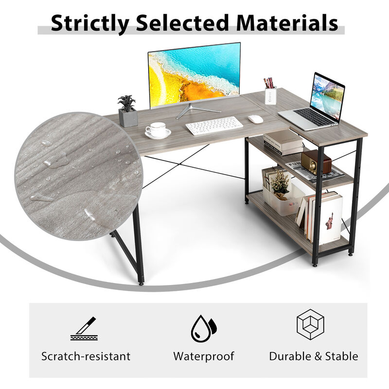 Costway 48'' Reversible L Shaped Computer Desk Home Office Table Adjustable Shelf Brown