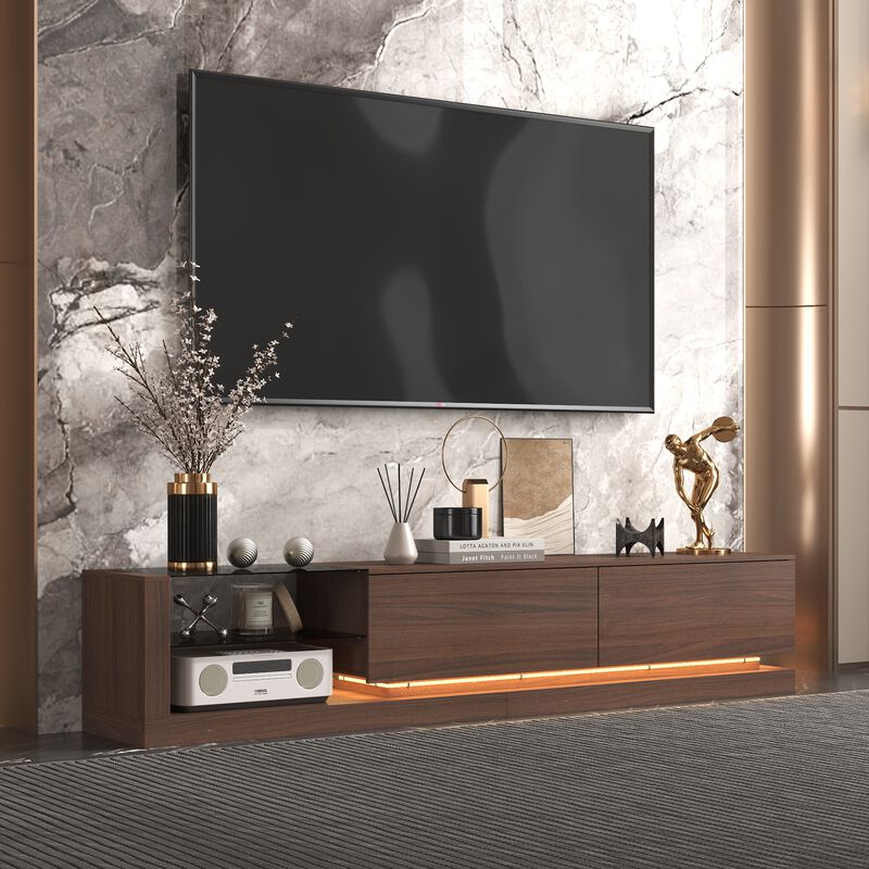 FUFU&GAGA Wood Veneer Glass TV Cabinet, MDF with Gray Tempered Glass, LED Strip Design, Modern Minimalist Style, (89.4 " W x 15.7" D x17.3" H), Walnut