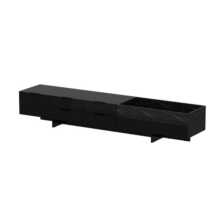 FUFU&GAGA Modern High-Gloss Black TV Stand with Marble Texture, 5 Drawers and Open Storage Compartment (78.7" W x 15.7" D x 14" H),Black