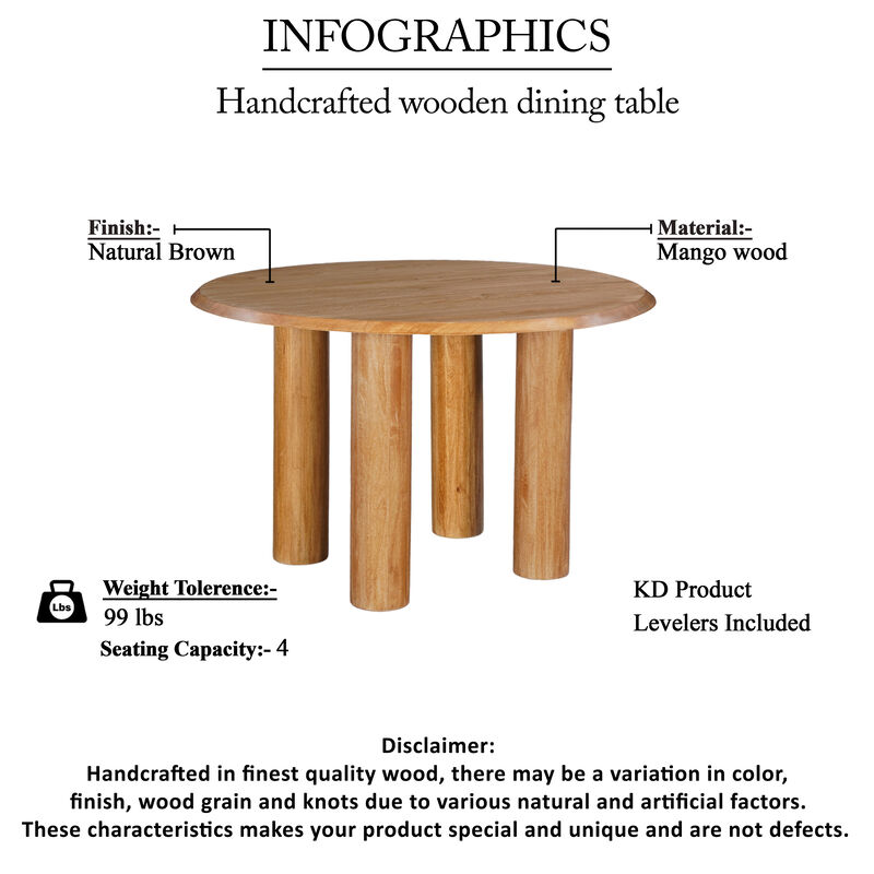 Dining Table, 48 Inch Round Top, Mango Wood Natural Brown, 4 Column Pillar Legs