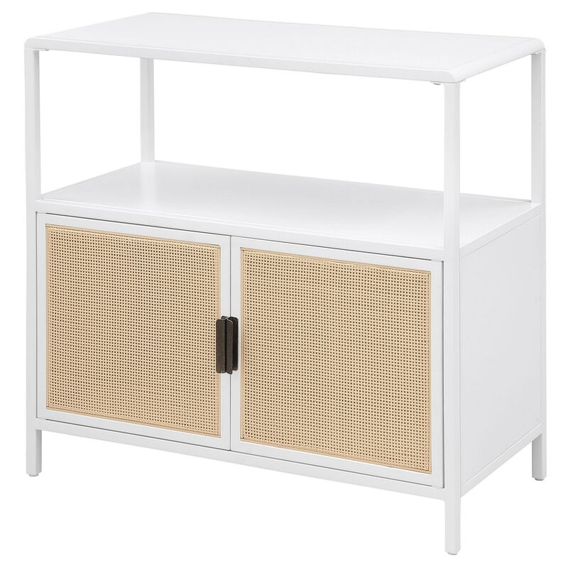 Lanie Accent Cabinet, Open Shelf and 2 Doors, PE Cane, White Metal - Benzara