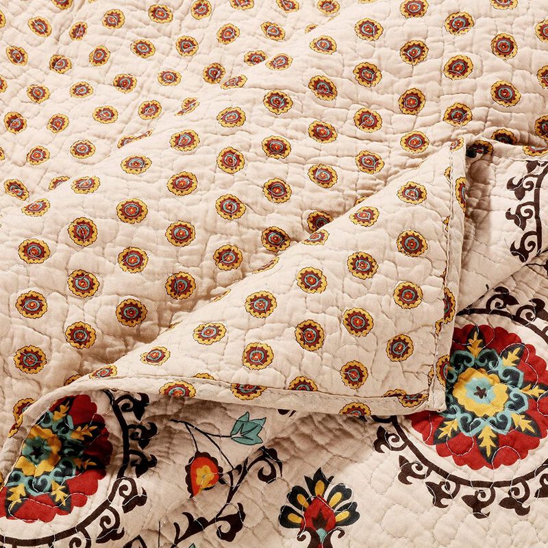 Elbe 5 Piece Queen Quilt Set with Medallion and Floral Pattern, Beige and Brown - Benzara