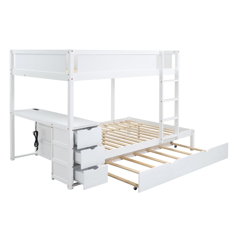 Full Over Full Bunk Bed With Twin Size Trundle, Storage And Desk, White