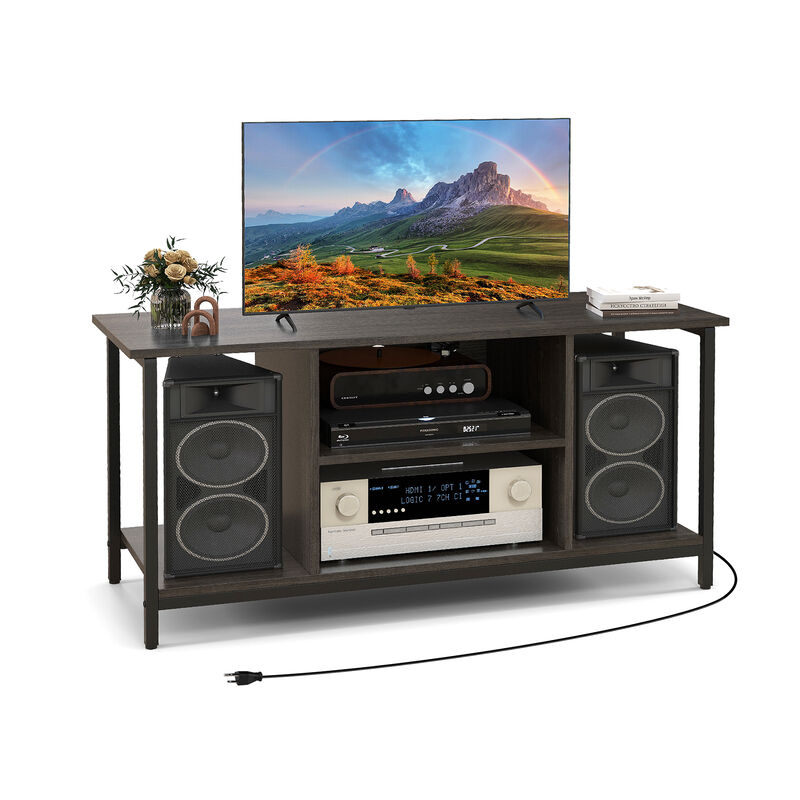 3-Tier TV Stand with Power Outlet USB and Adjustable Shelf-Grey