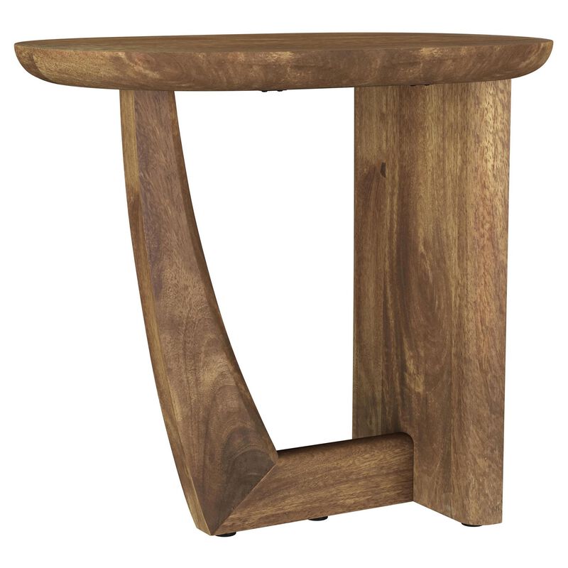 Leti Side End Table, 22 Inch Brown Mango Wood Top, L Shaped Base - Benzara