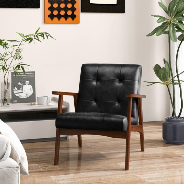 Hivvago Mid Century Modern Accent Chair with Solid Rubber Wood Frame and Leather Cover