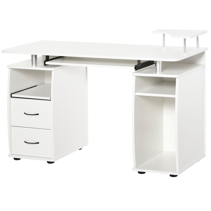 White Multi-Function Desk: Keyboard Tray, Elevated Shelf, CPU Stand