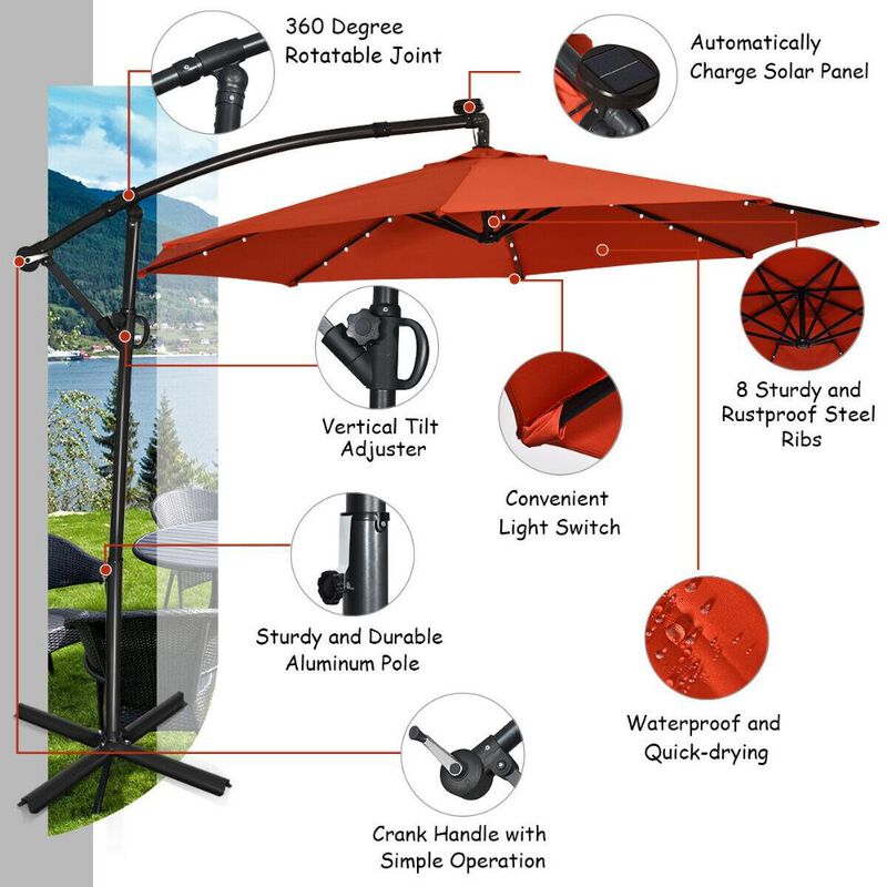 10 ft 360° Rotation Solar Powered LED Patio Offset Umbrella without Weight Base