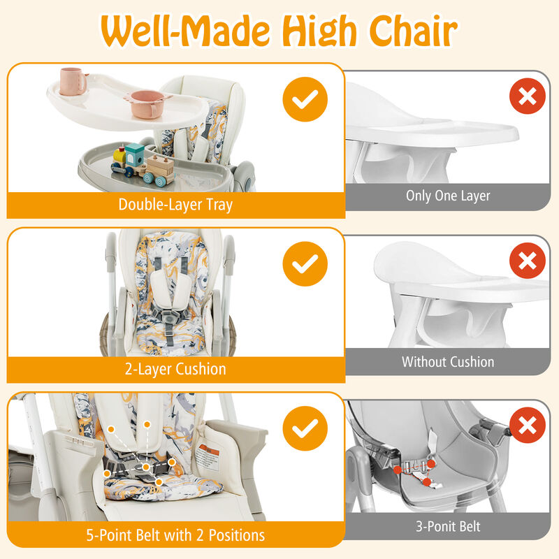 Multifunctional Folding Baby High Chair with Rolling Wheels and Adjustable Height