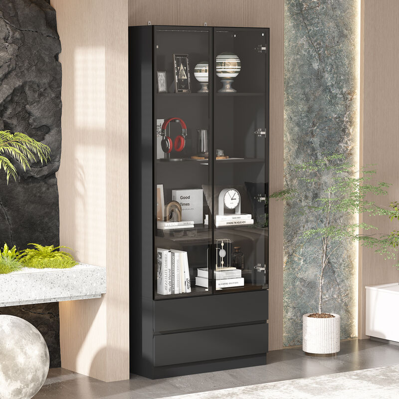 78.7 in. Black Wooden Accent Storage Cabinet With 2-Glass Doors, Drawers, Adjustable Shelves, LED Lights