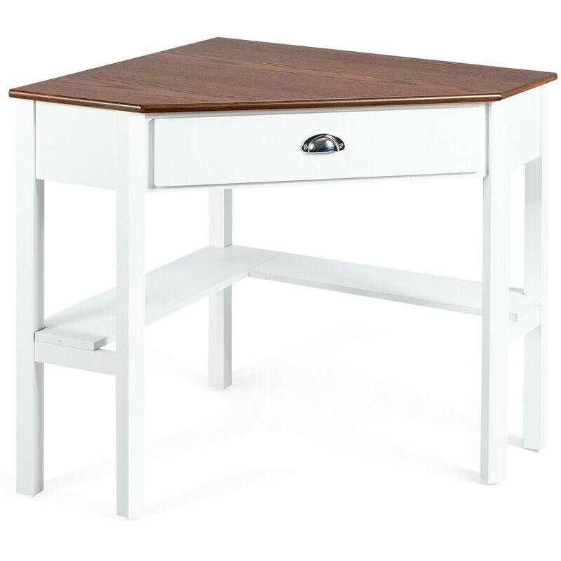 Costway Triangle Computer Desk Corner Office Desk Laptop Table w/ Drawer Shelves Rustic Natural &White