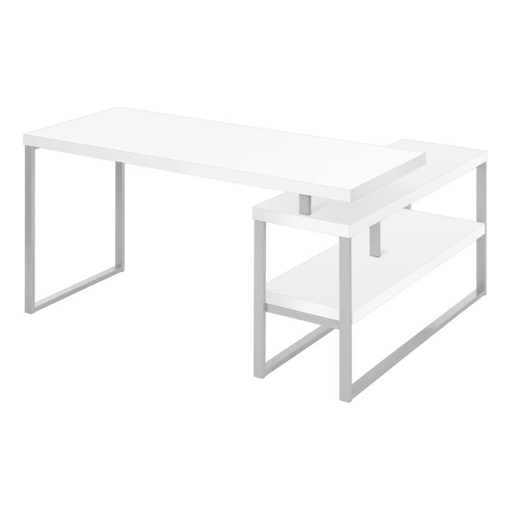 Computer Desk, Home Office, Corner, Left, Right Set-Up, Storage Shelves, 60"L, L Shape, Work, Laptop, Metal, Laminate, White, Grey, Contemporary, Modern