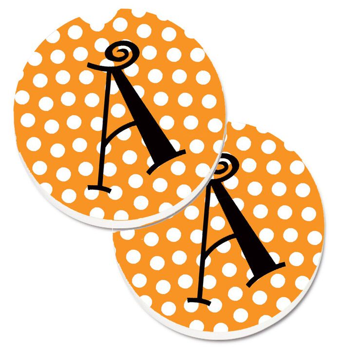 Caroline's Treasures Letter A Monogram - Orange & black Polka Dots Set of 2 Cup Holder Car Coasters CJ1033-ACARC, 2.56, Multicolor