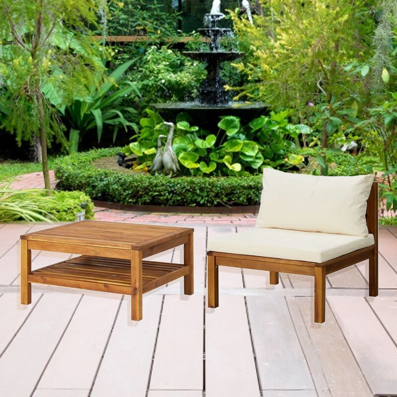 2pc Outdoor Patio Sofa and Table Set, Ivory Cushion, Brown Acacia Wood - Benzara