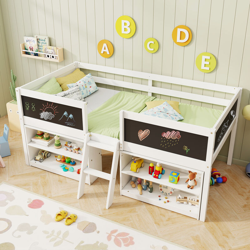 Kid Low Loft Bed with Chalkboard Ramp Ladder and Bookcases