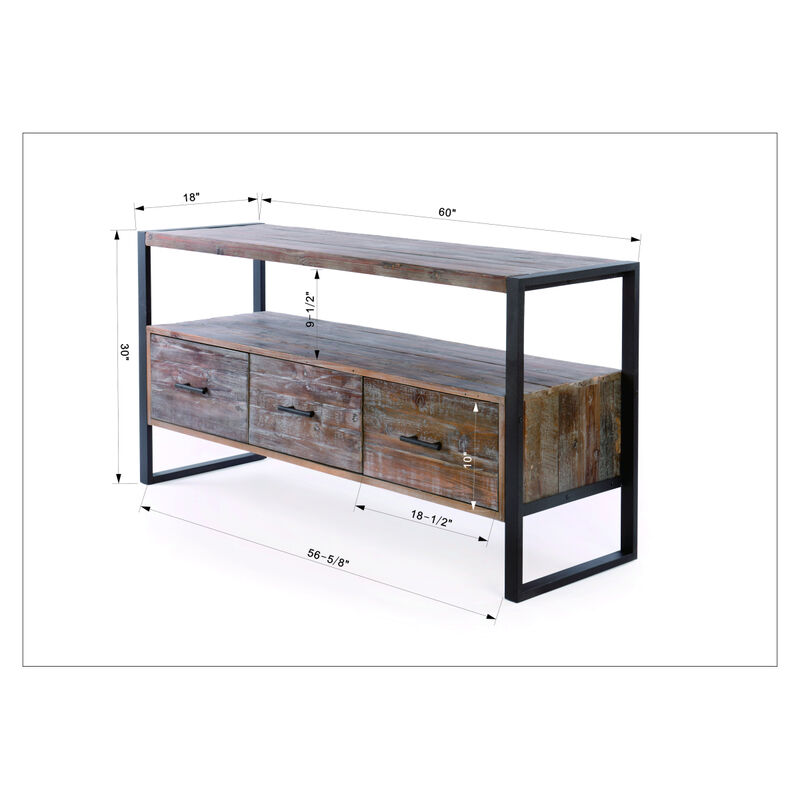 60 Inch Reclaimed Wood Media TV Console Table With 3 Drawer, Open Shelf