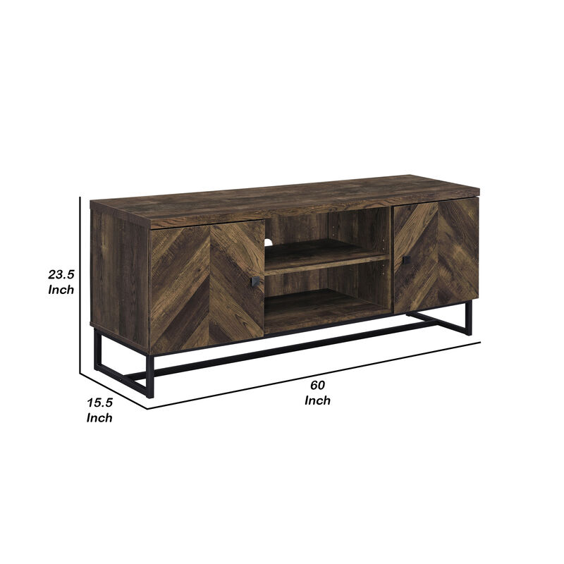 60 Inch TV Media Console Cabinet, 2 Herringbone Doors, Rustic Brown Wood-Benzara