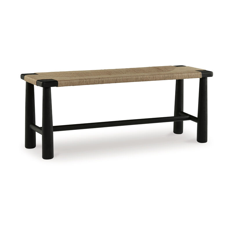 Accent Bench, 48 Inch, Handwoven Natural Brown Jute, Black Solid Wood - Benzara