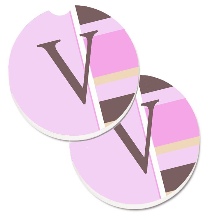 Caroline's Treasures Letter V Initial Monogram - Pink Stripes Set of 2 Cup Holder Car Coasters CJ1005-VCARC, 2.56, Multicolor